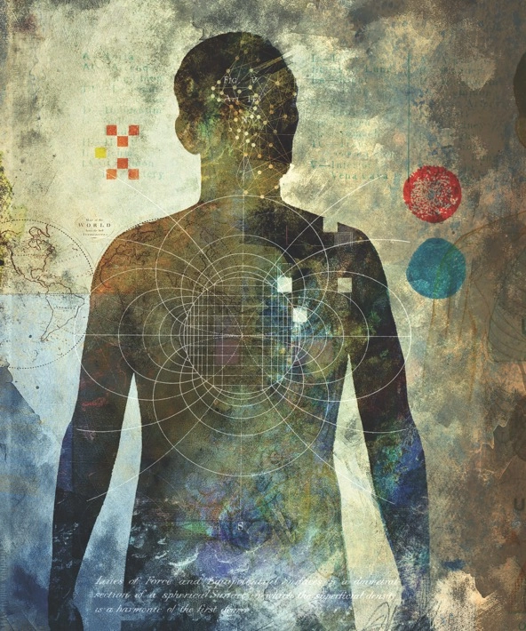 drawing of a human figure with colorful globes floating nearby