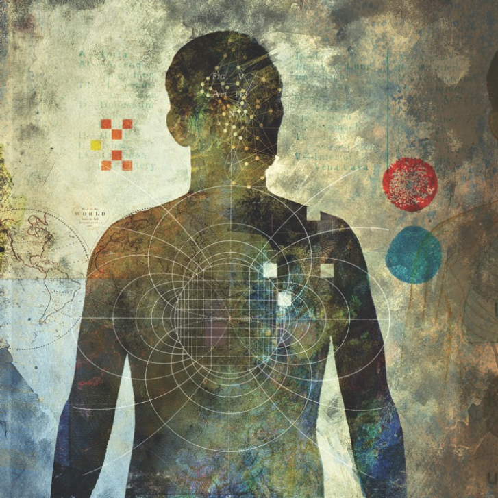 drawing of a human figure with colorful globes floating nearby
