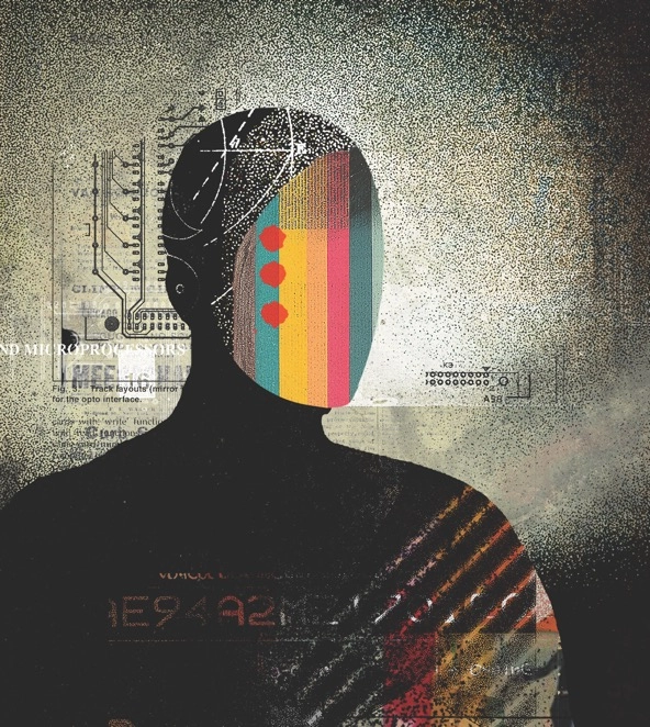 drawing of a shadowy human figure with a flat, colorful mask instead of a face