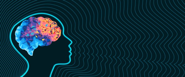 illustration of head profile with colorful, abstract-style brain