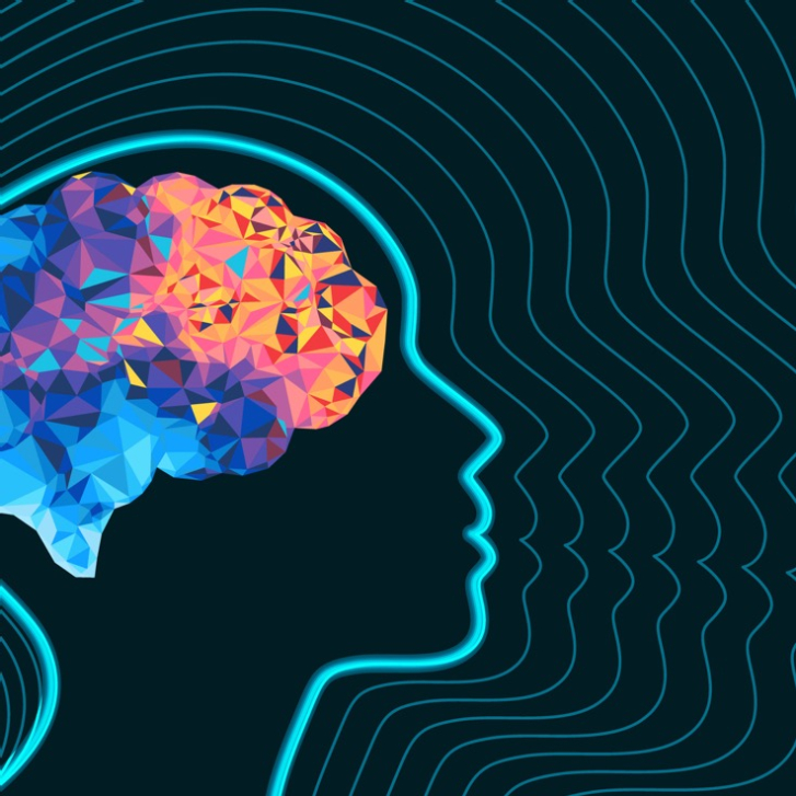 illustration of head profile with colorful, abstract brain
