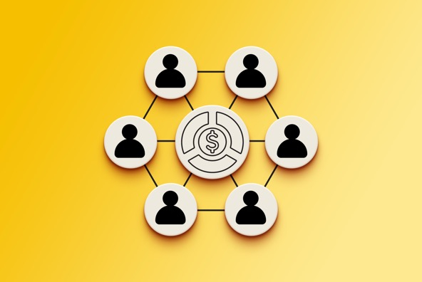 At the center of a network of people icons is a larger icon featuring a pie chart and a dollar sign
