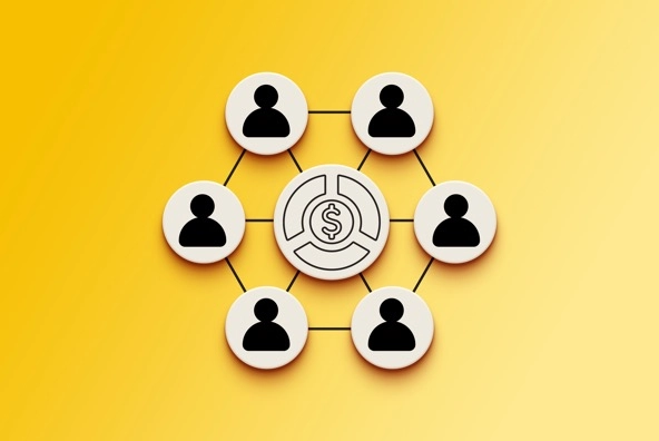 At the center of a network of people icons is a larger icon featuring a pie chart and a dollar sign