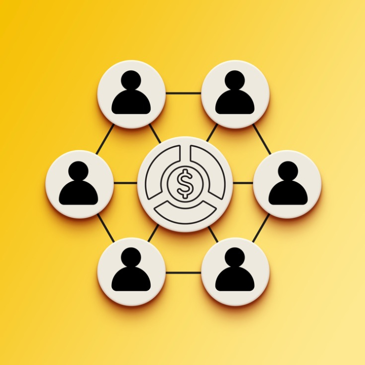 At the center of a network of people icons is a larger icon featuring a pie chart and a dollar sign