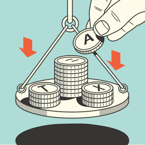 drawing of coins on a plate of suspended weighing scale with a hand adding a coin to the pile