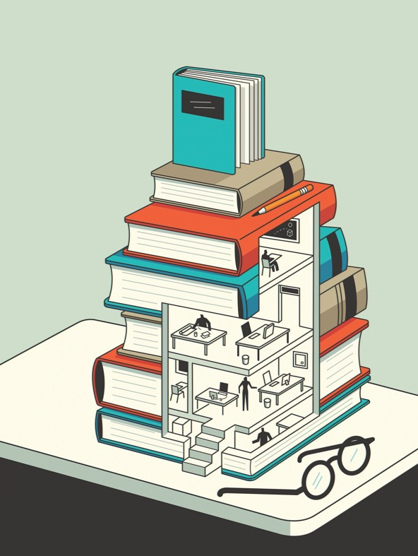 drawing of books stacked on a desk with a cutout view of classrooms within the books