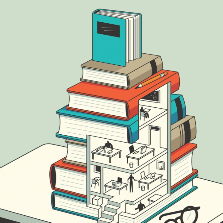 drawing of books stacked on a desk with a cutout view of classrooms within the books