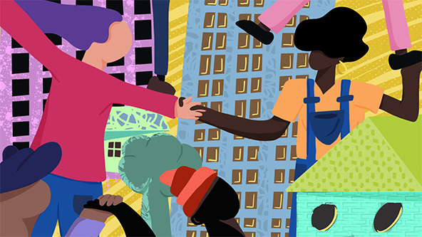 Figures reaching out to hold hands; apartment buildings and homes in the background