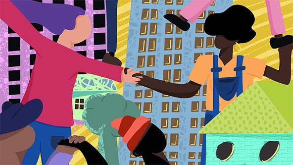 Figures reaching out to hold hands; apartment buildings and homes in the background