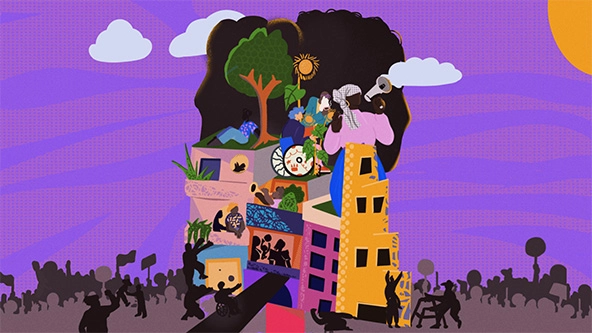 Image of housing, people, skies, sun.