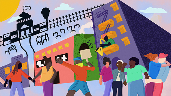 A line of protestors standing in front of buildings with the Capitol building in the background