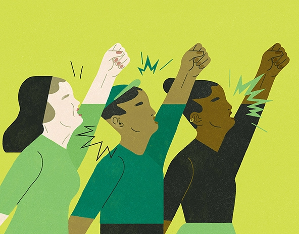 An illustration of a nun and two young people with fists raised in the air