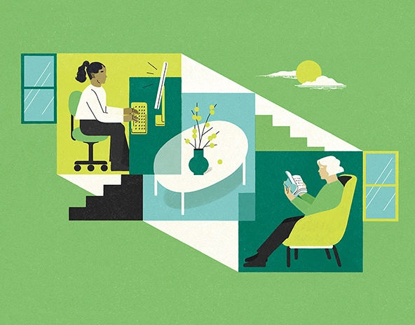 Graduate student and older adult sitting in shared housing