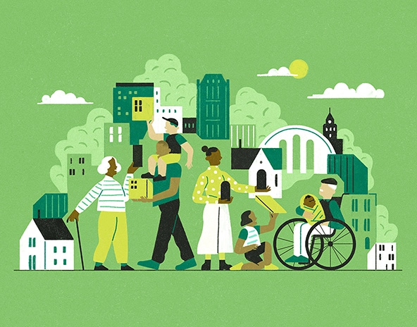 Illustration of people of multiple generations interacting in a community