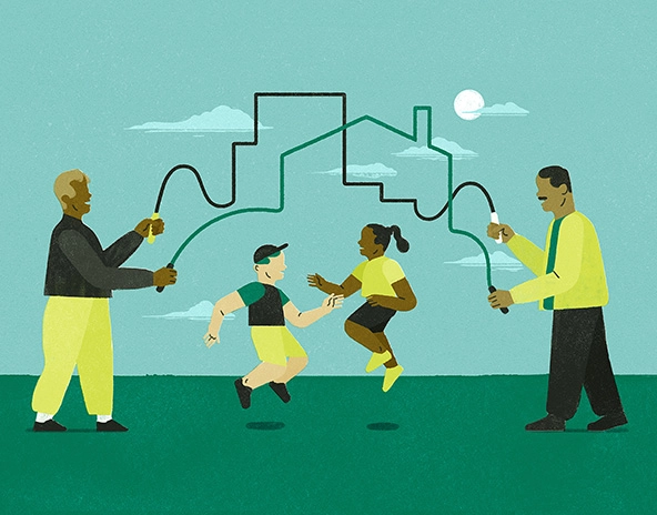 Children jumping rope held by older adults.