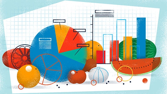 Bar graph and pie chart surrounded by fruits and vegetables like a tomato, watermelon, and garlic bulb