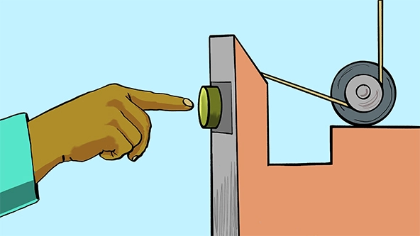finger pushing button attached to a pully