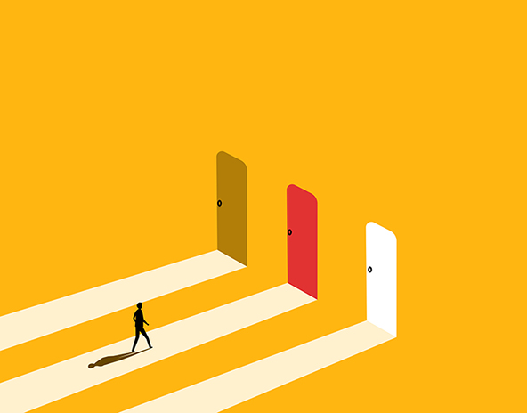 illustration of person standing in front of three doors