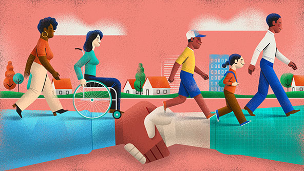 Illustration of people walking across two hands in a handshake.