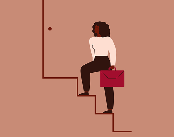 African American woman climbing steps to a door