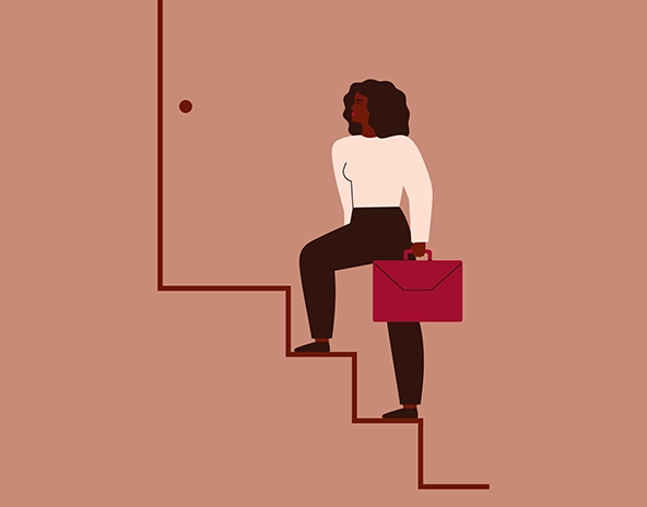 African American woman climbing steps to a door