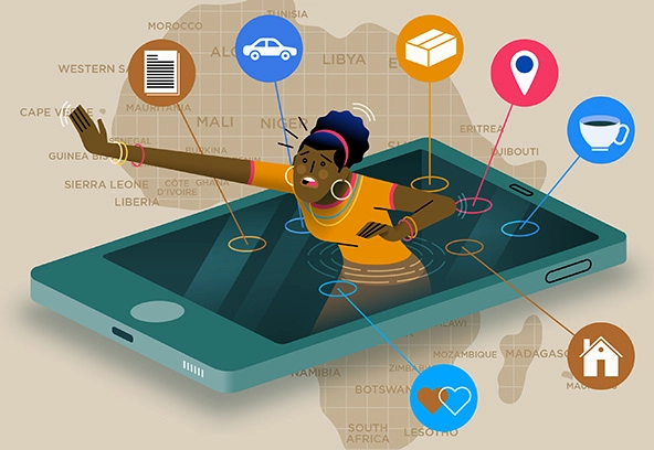 African woman reaching out of a mobile phone