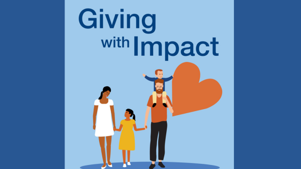a multiracial family with the giving with impact logo