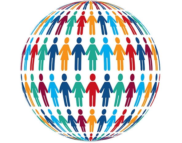 globe filled with rows of multi-colored figures