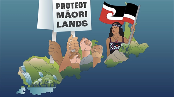 Outline of map of New Zealand with hands holding protest sign and Indigenous Maori person holding a flag