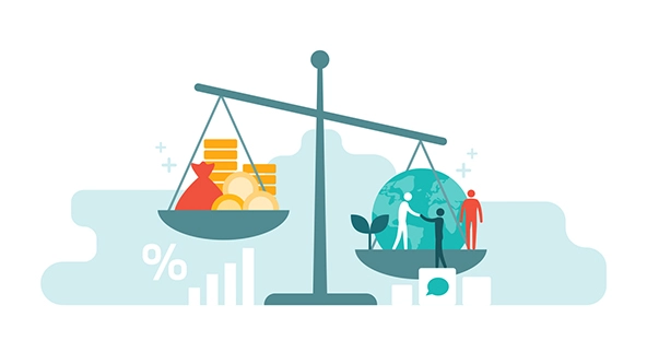 Scale with wealth and cash money on a plate and people, world, environment on the other