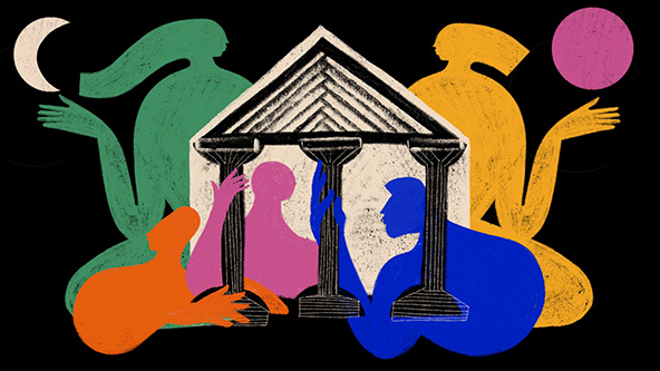 Figures in and around a government-looking building with columns