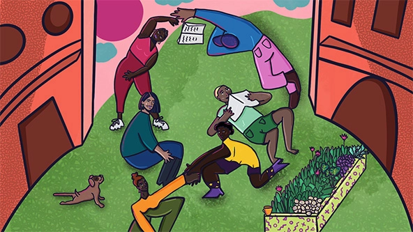 Diverse people forming a circle in the grass, holding hands, extended arms