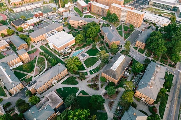 aerial view of buildings on university campus