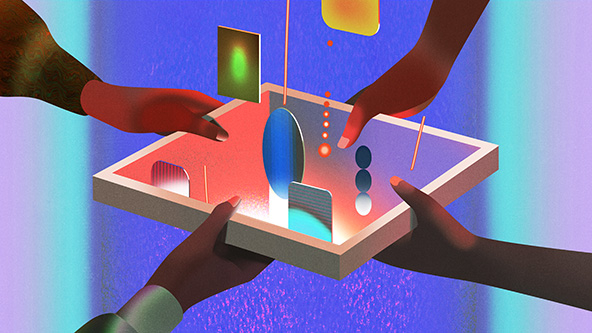 hands holding a frame and floating shapes