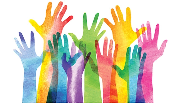 Overlapping silhouettes of Hands in a water color texture.