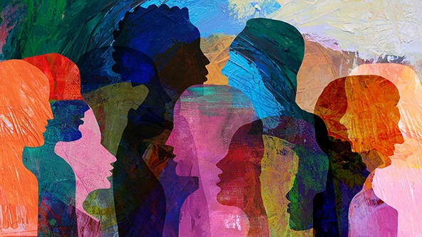 painting of diverse people talking