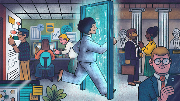 Woman walking through a doorway from a tech company to government offices.