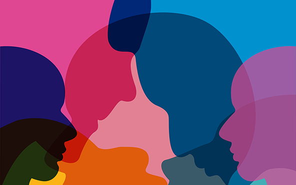 Overlapping colorful silhouettes of human head profiles