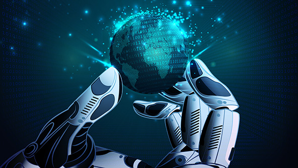 Ai robot hand holding virtual globe made from binary cod