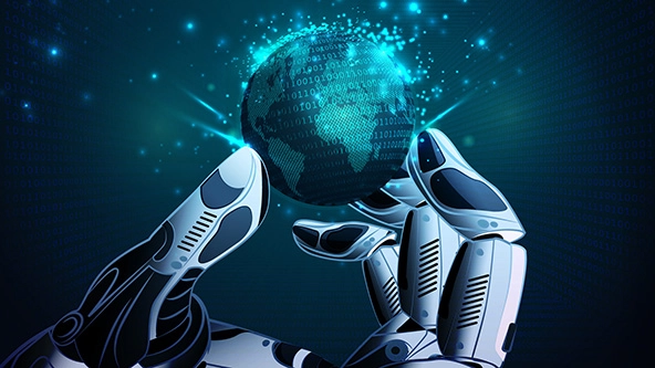Ai robot hand holding virtual globe made from binary cod