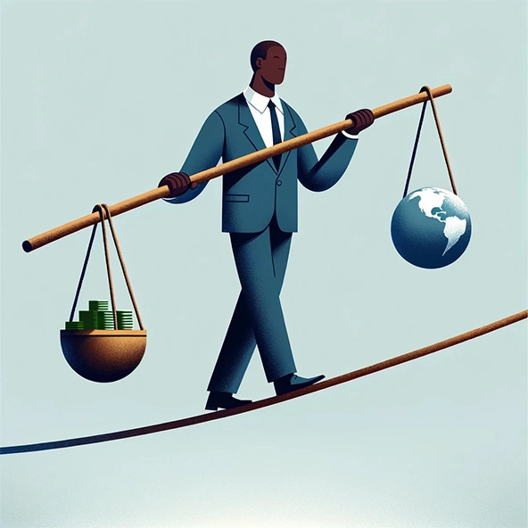 Man in business suit walking a tightrope and balancing a pole with a globe on one side and a basket with money in the other