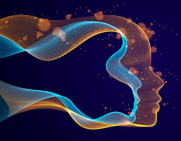 An abstract artistic human head portrait made of dotted particles array