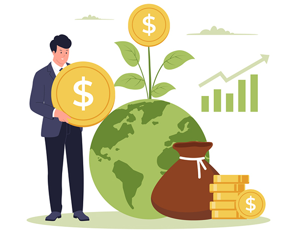 illustration of man holding a giant coin standing next to globe, bag of coins, stack of coins
