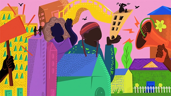 Large Black figures stand among colorful buildings, arms hold a protest sign and megaphone