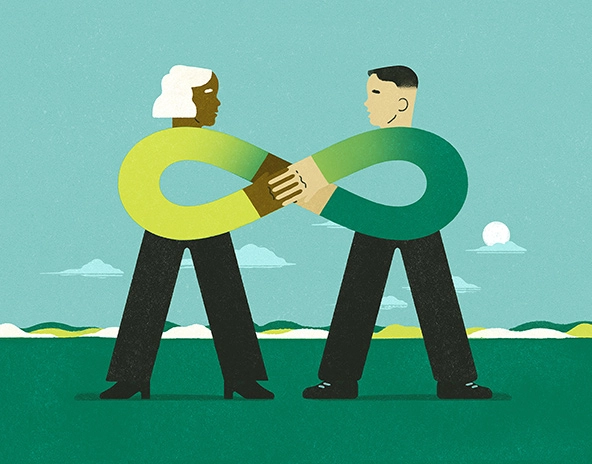 Illustration of older woman and younger man with hands and arms connected in a figure 8 