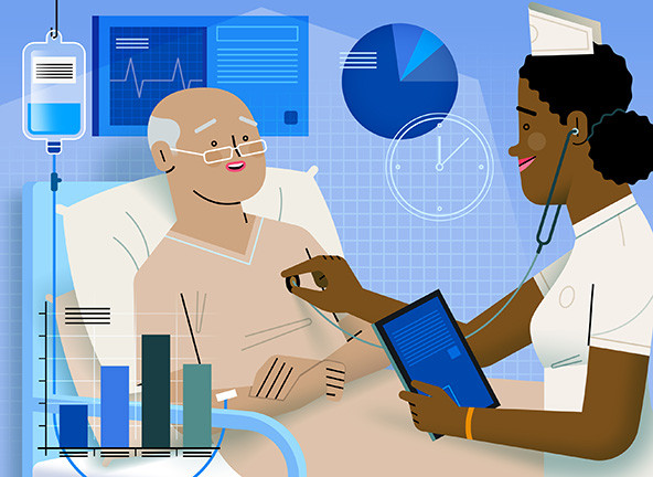 Nurse holding a tablet checks a patient's heartbeat; data tables and piecharts in background