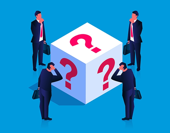 Four figures holding briefcases standing and thinking about things inside a box with question marks