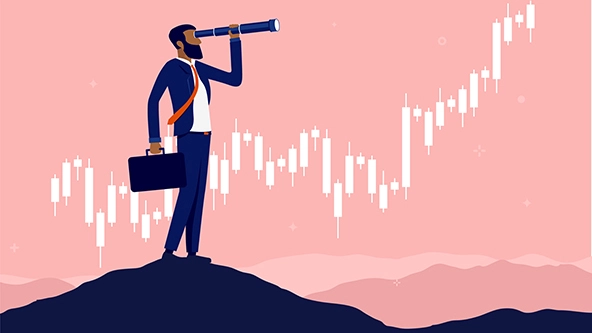 African-American man with telescope standing on hilltop with rising graph in background.