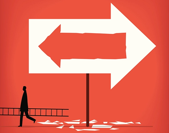 Illustration of an arrow pointing right with another arrow painted on it pointing left.