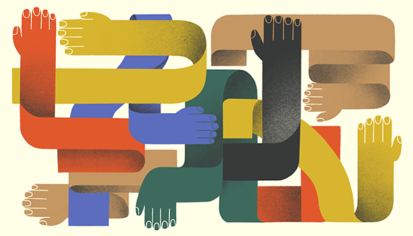 Abstract illustration of different colored ribbons weaving in and out of each other